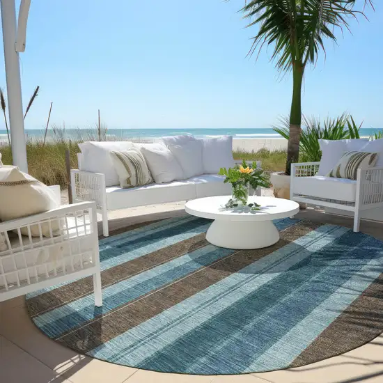 8' Teal Blue And Brown Round Striped Washable Indoor Outdoor Area Rug Photo 6