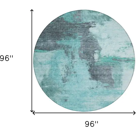 8' Teal Blue And Charcoal Round Abstract Washable Indoor Outdoor Area Rug Photo 9