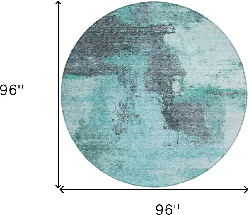 8' Teal Blue And Charcoal Round Abstract Washable Indoor Outdoor Area Rug Photo 9