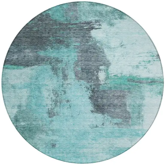8' Teal Blue And Charcoal Round Abstract Washable Indoor Outdoor Area Rug Photo 5
