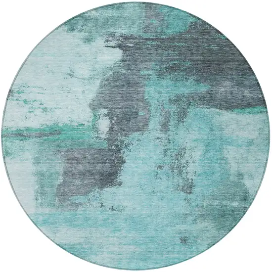8' Teal Blue And Charcoal Round Abstract Washable Indoor Outdoor Area Rug Photo 6