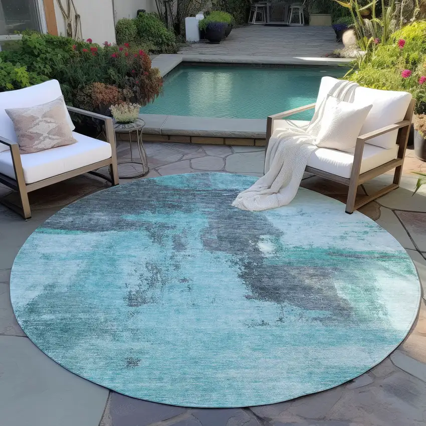 8' Teal Blue And Charcoal Round Abstract Washable Indoor Outdoor Area Rug Photo 7