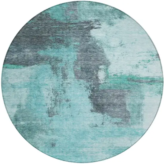 8' Teal Blue And Charcoal Round Abstract Washable Indoor Outdoor Area Rug Photo 2
