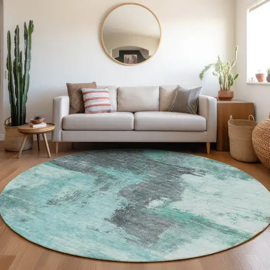 8' Teal Blue And Charcoal Round Abstract Washable Indoor Outdoor Area Rug Photo 8