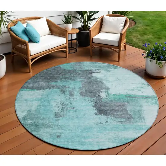 8' Teal Blue And Charcoal Round Abstract Washable Indoor Outdoor Area Rug Photo 1