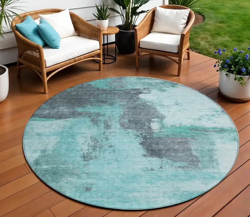8' Teal Blue And Charcoal Round Abstract Washable Indoor Outdoor Area Rug Photo 1