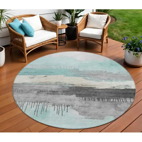 8' Teal Blue And Charcoal Round Abstract Washable Indoor Outdoor Area Rug Photo 2