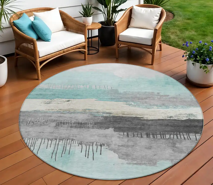 8' Teal Blue And Charcoal Round Abstract Washable Indoor Outdoor Area Rug Photo 2