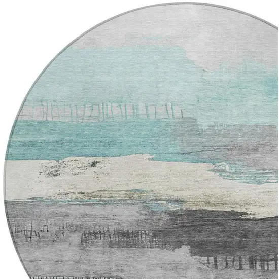 8' Teal Blue And Charcoal Round Abstract Washable Indoor Outdoor Area Rug Photo 4