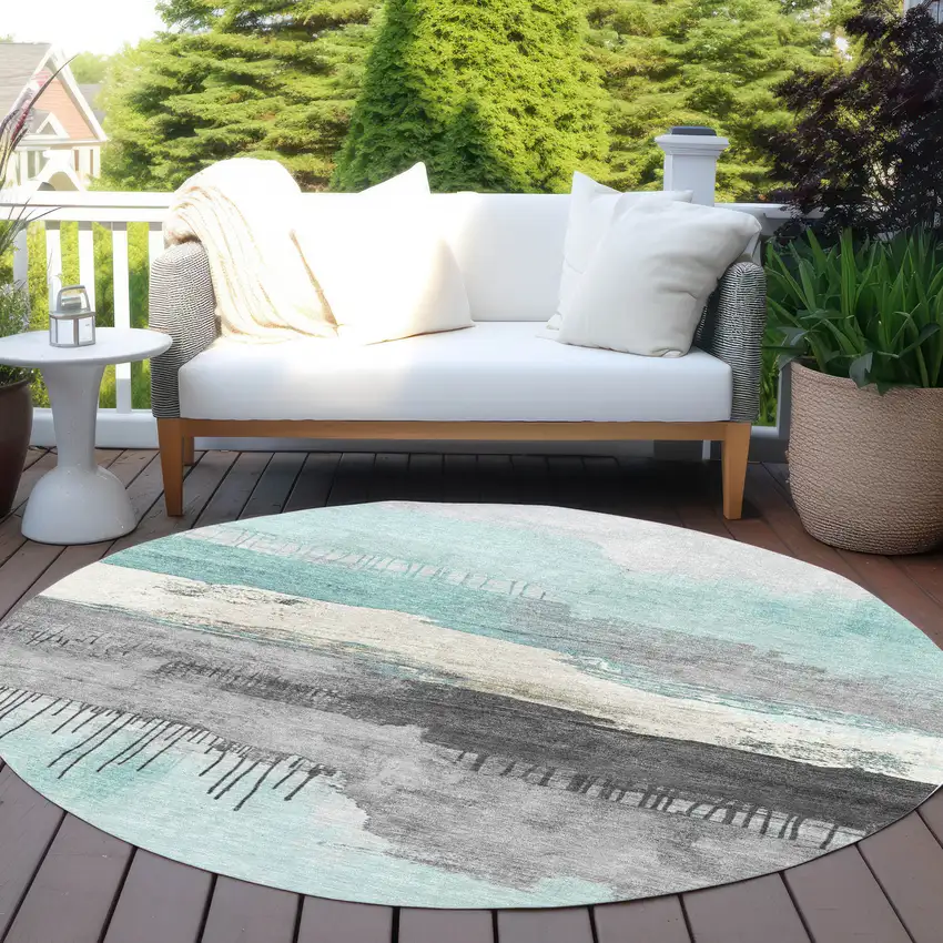 8' Teal Blue And Charcoal Round Abstract Washable Indoor Outdoor Area Rug Photo 5