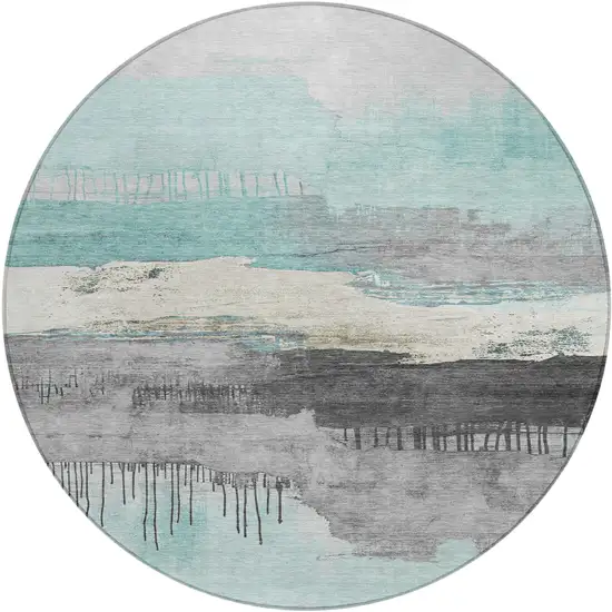 8' Teal Blue And Charcoal Round Abstract Washable Indoor Outdoor Area Rug Photo 1
