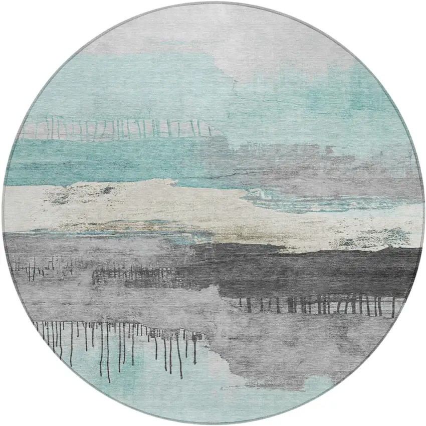 8' Teal Blue And Charcoal Round Abstract Washable Indoor Outdoor Area Rug Photo 1