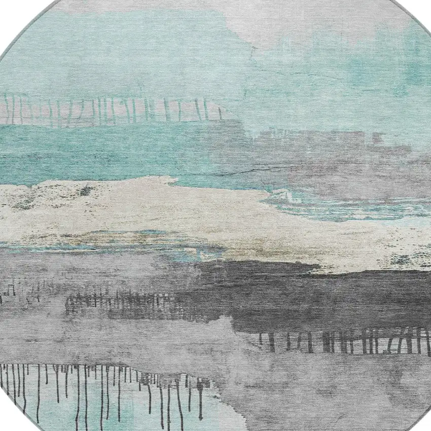 8' Teal Blue And Charcoal Round Abstract Washable Indoor Outdoor Area Rug Photo 8