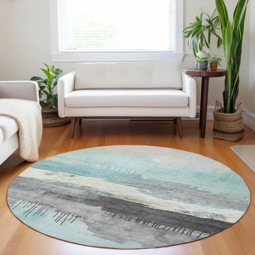 8' Teal Blue And Charcoal Round Abstract Washable Indoor Outdoor Area Rug Photo 6