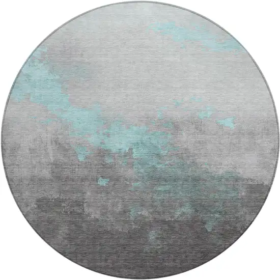 8' Teal Blue And Charcoal Round Abstract Washable Indoor Outdoor Area Rug Photo 1