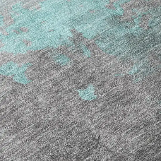 8' Teal Blue And Charcoal Round Abstract Washable Indoor Outdoor Area Rug Photo 9