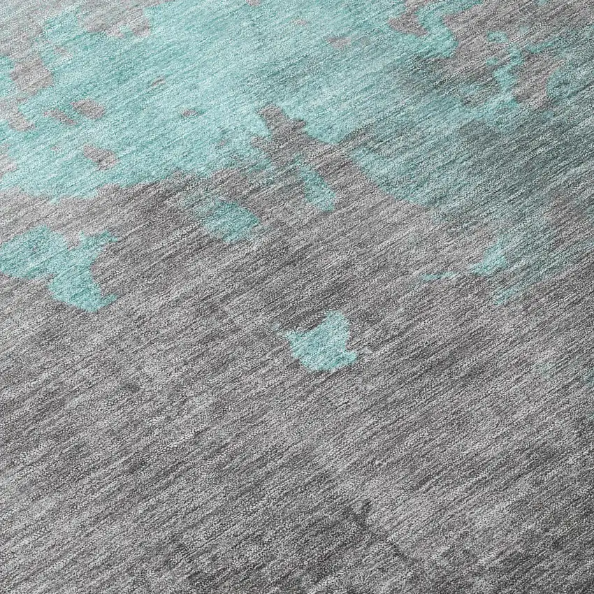 8' Teal Blue And Charcoal Round Abstract Washable Indoor Outdoor Area Rug Photo 9