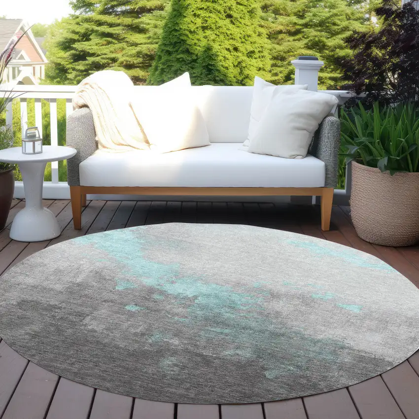 8' Teal Blue And Charcoal Round Abstract Washable Indoor Outdoor Area Rug Photo 5