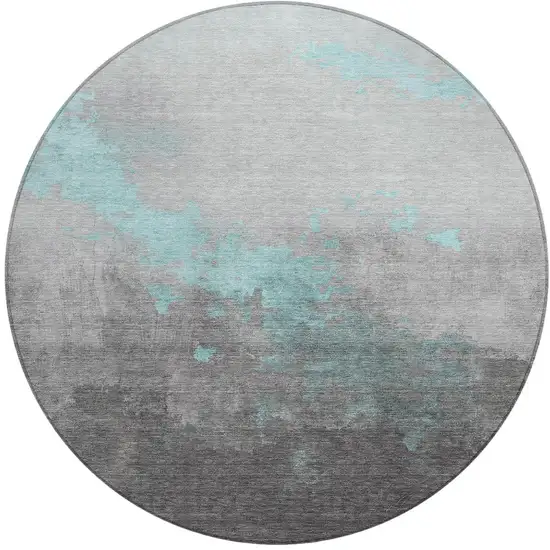 8' Teal Blue And Charcoal Round Abstract Washable Indoor Outdoor Area Rug Photo 3