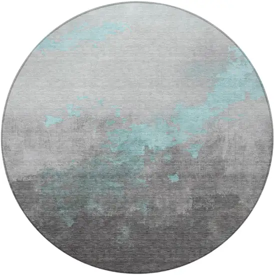 8' Teal Blue And Charcoal Round Abstract Washable Indoor Outdoor Area Rug Photo 4
