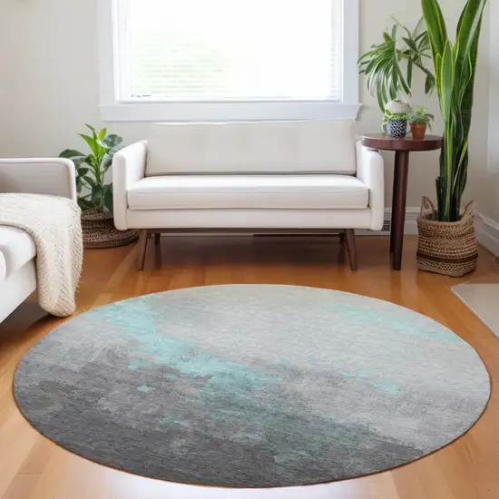 8' Teal Blue And Charcoal Round Abstract Washable Indoor Outdoor Area Rug Photo 6