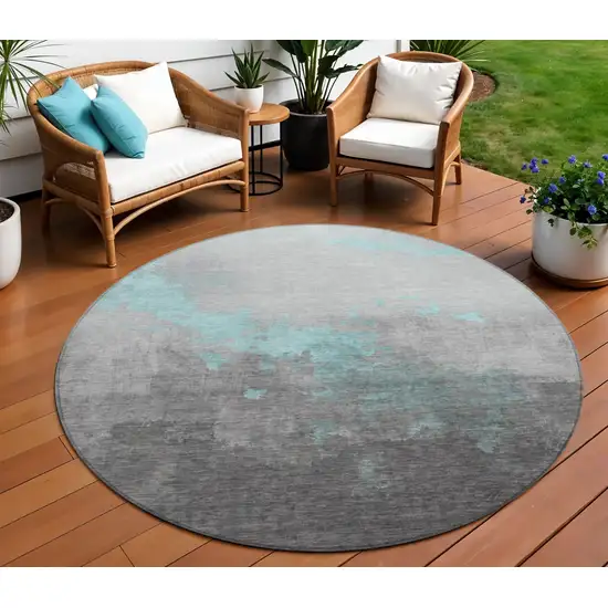 8' Teal Blue And Charcoal Round Abstract Washable Indoor Outdoor Area Rug Photo 2