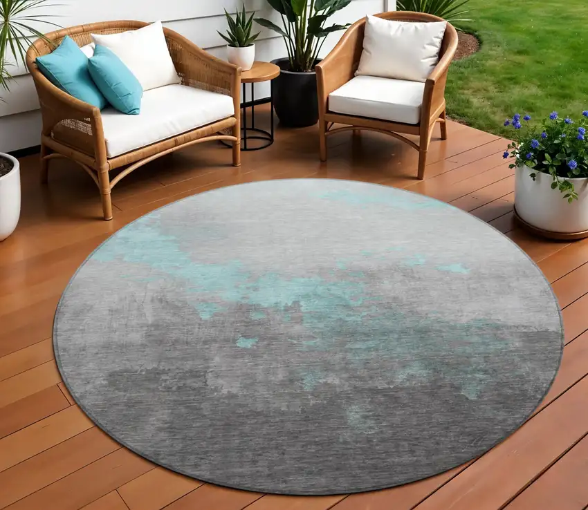8' Teal Blue And Charcoal Round Abstract Washable Indoor Outdoor Area Rug Photo 2