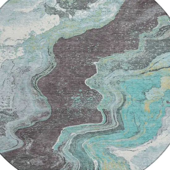 8' Teal Blue And Charcoal Round Abstract Washable Indoor Outdoor Area Rug Photo 9