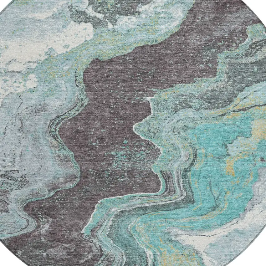 8' Teal Blue And Charcoal Round Abstract Washable Indoor Outdoor Area Rug Photo 9