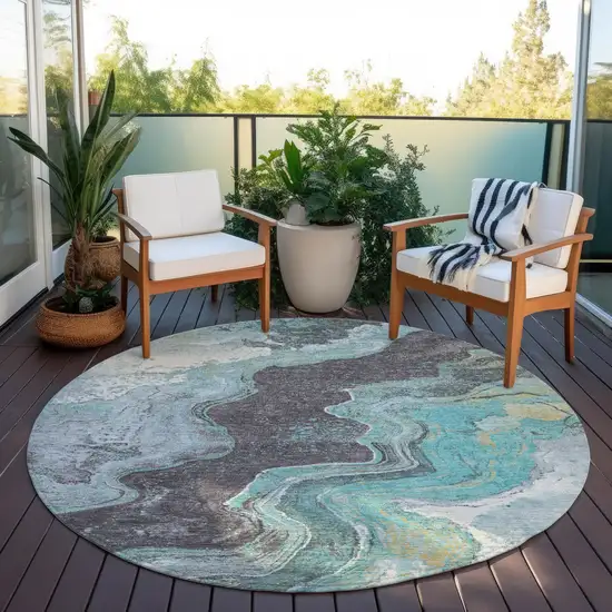 8' Teal Blue And Charcoal Round Abstract Washable Indoor Outdoor Area Rug Photo 5