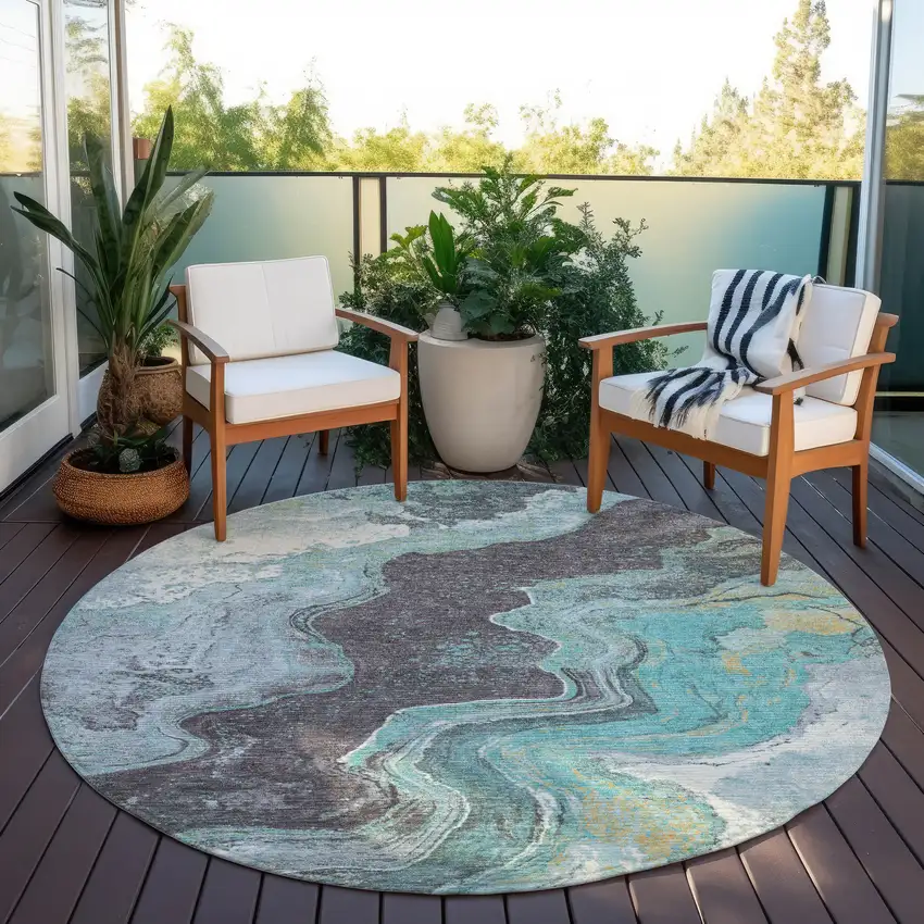 8' Teal Blue And Charcoal Round Abstract Washable Indoor Outdoor Area Rug Photo 5