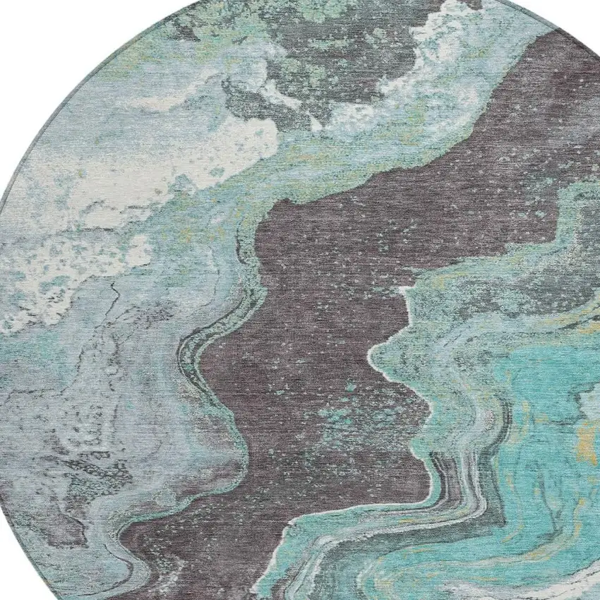 8' Teal Blue And Charcoal Round Abstract Washable Indoor Outdoor Area Rug Photo 4