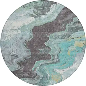 Photo of 8' Teal Blue And Charcoal Round Abstract Washable Indoor Outdoor Area Rug