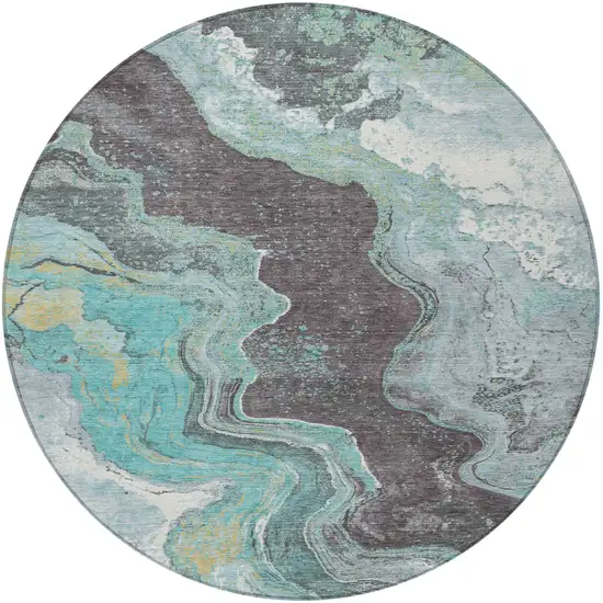 8' Teal Blue And Charcoal Round Abstract Washable Indoor Outdoor Area Rug Photo 3