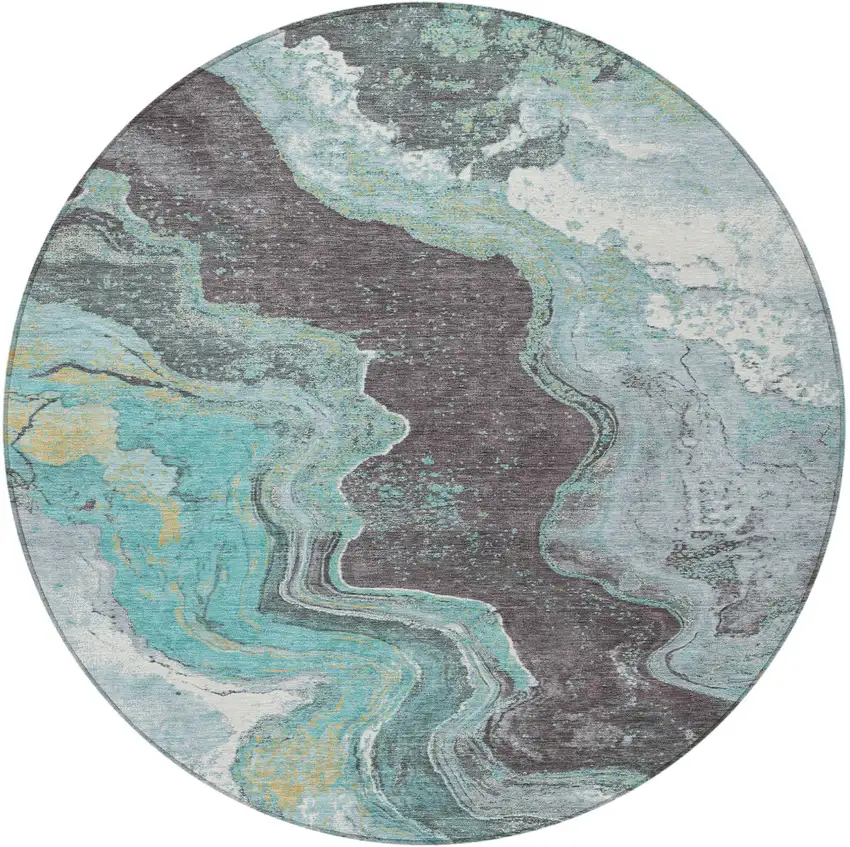 8' Teal Blue And Charcoal Round Abstract Washable Indoor Outdoor Area Rug Photo 3