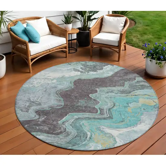 8' Teal Blue And Charcoal Round Abstract Washable Indoor Outdoor Area Rug Photo 2