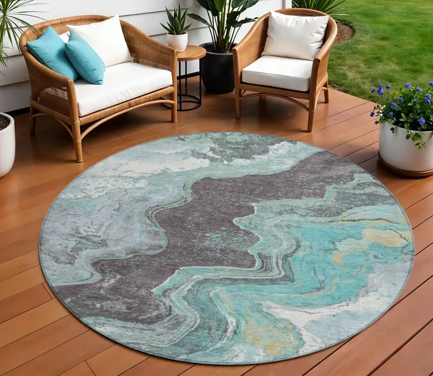 8' Teal Blue And Charcoal Round Abstract Washable Indoor Outdoor Area Rug Photo 2