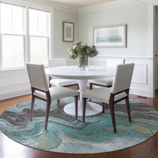 8' Teal Blue And Charcoal Round Abstract Washable Indoor Outdoor Area Rug Photo 6