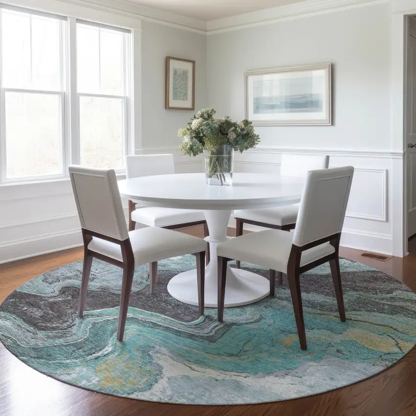 8' Teal Blue And Charcoal Round Abstract Washable Indoor Outdoor Area Rug Photo 6