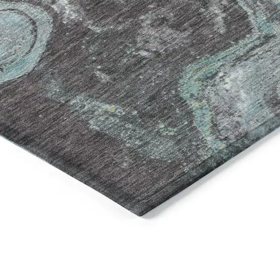 8' Teal Blue And Charcoal Round Abstract Washable Indoor Outdoor Area Rug Photo 7
