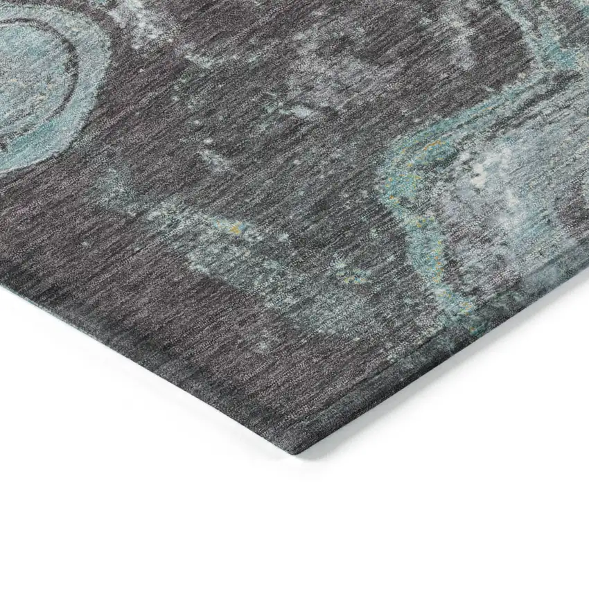 8' Teal Blue And Charcoal Round Abstract Washable Indoor Outdoor Area Rug Photo 7
