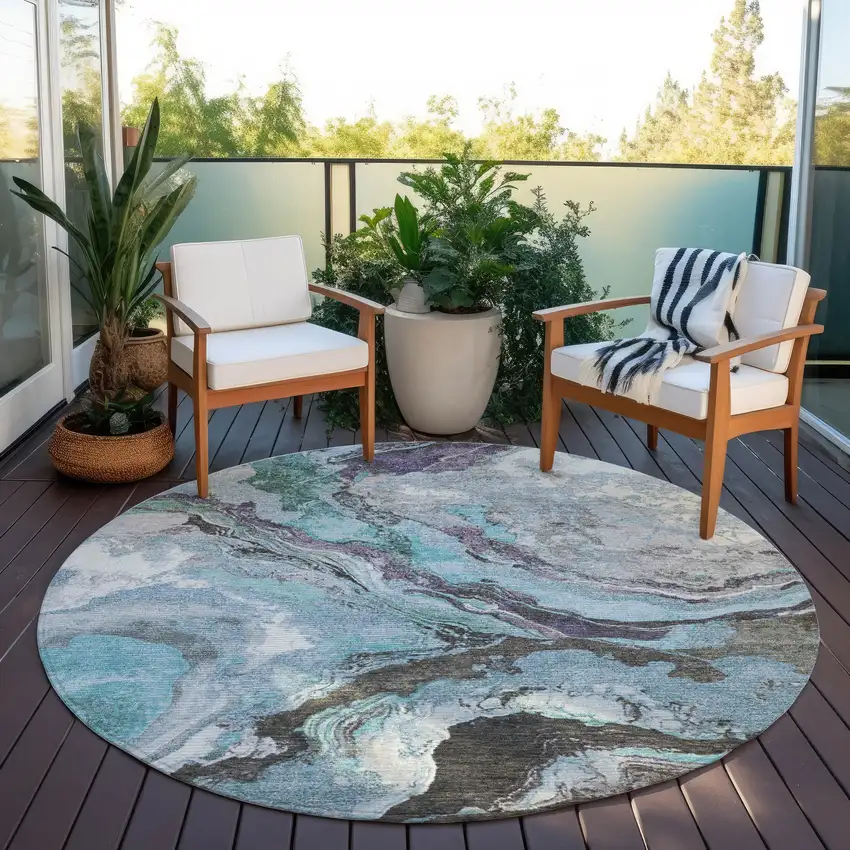 8' Teal Blue And Charcoal Round Abstract Washable Indoor Outdoor Area Rug Photo 5