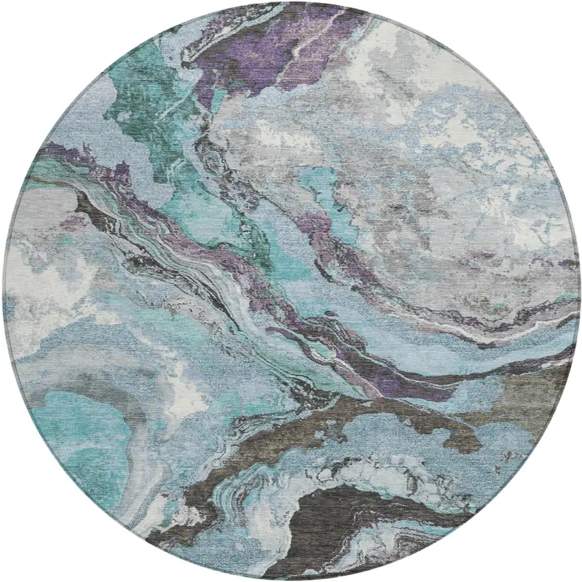 8' Teal Blue And Charcoal Round Abstract Washable Indoor Outdoor Area Rug Photo 1