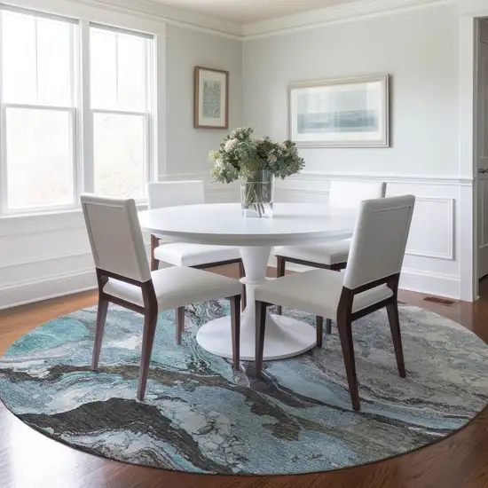8' Teal Blue And Charcoal Round Abstract Washable Indoor Outdoor Area Rug Photo 6
