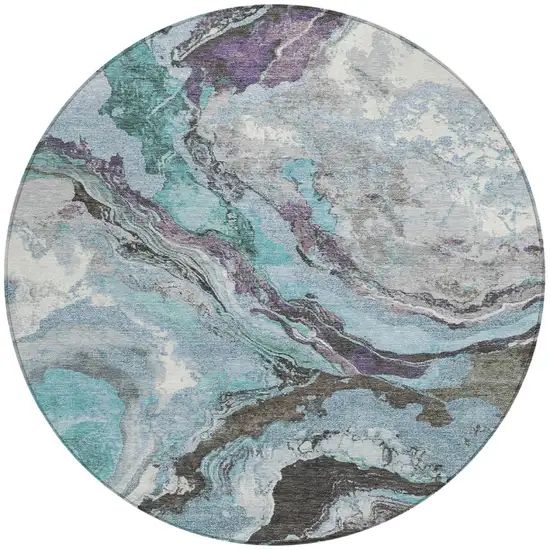 8' Teal Blue And Charcoal Round Abstract Washable Indoor Outdoor Area Rug Photo 3