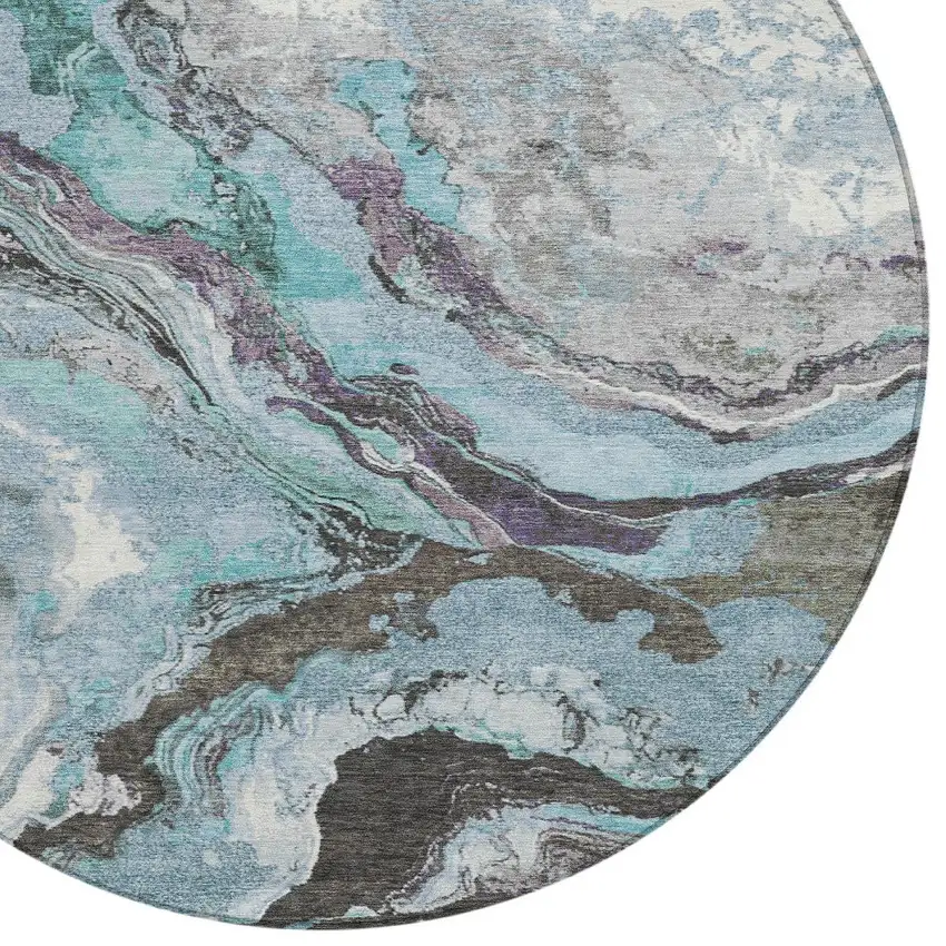 8' Teal Blue And Charcoal Round Abstract Washable Indoor Outdoor Area Rug Photo 9