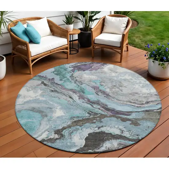 8' Teal Blue And Charcoal Round Abstract Washable Indoor Outdoor Area Rug Photo 2
