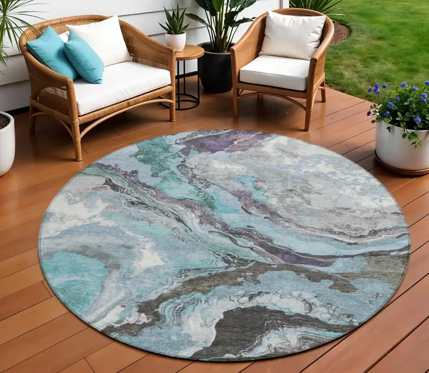 8' Teal Blue And Charcoal Round Abstract Washable Indoor Outdoor Area Rug Photo 2