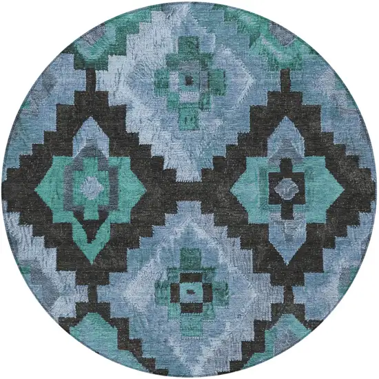 8' Teal Blue And Charcoal Round Aztec Washable Indoor Outdoor Area Rug Photo 4