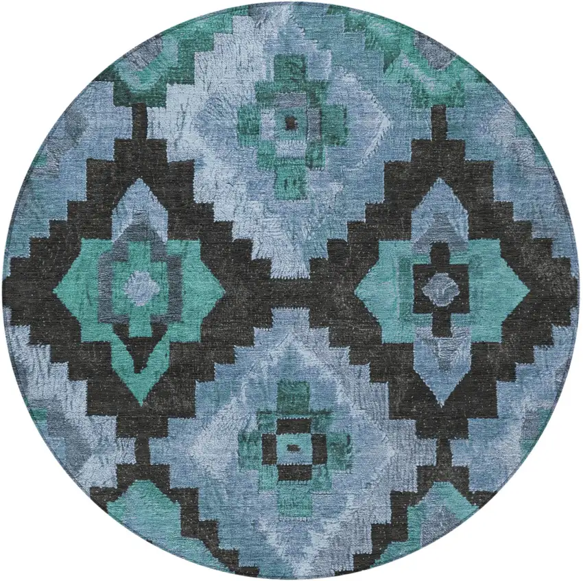 8' Teal Blue And Charcoal Round Aztec Washable Indoor Outdoor Area Rug Photo 4